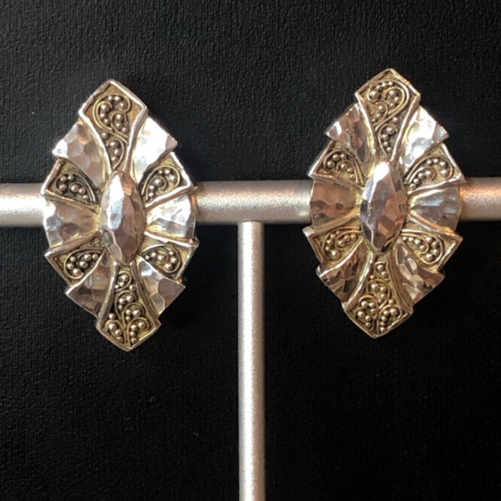 LOIS HILL Sterling Silver Floral Clip-On Earrings Petals Have Alternating Finish